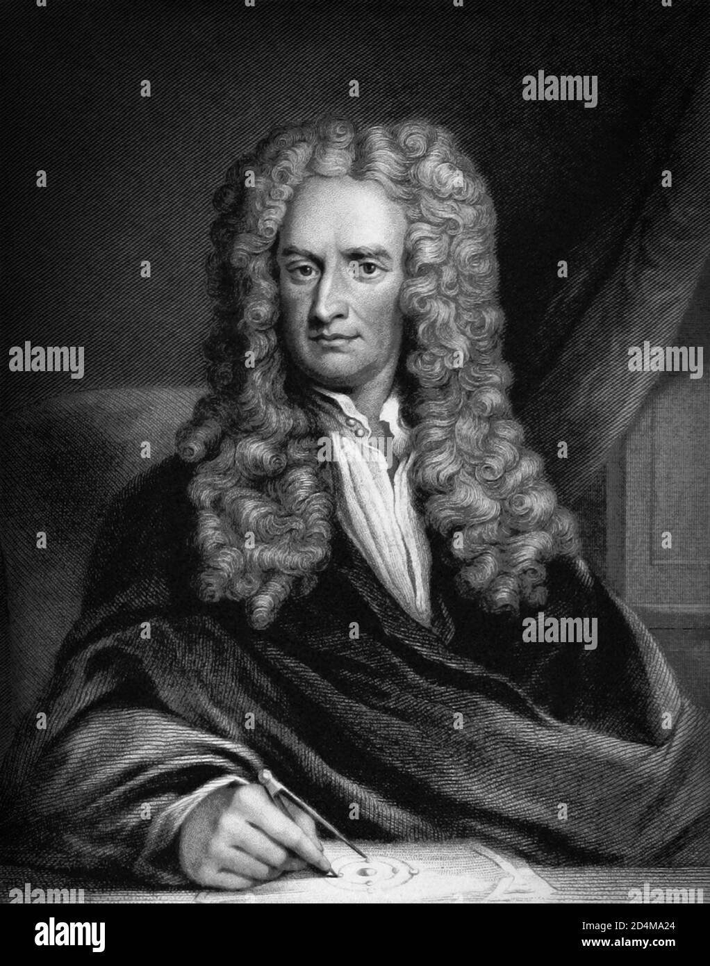Sir Isaac Newton PRS (1642/43-1726/27) war ein englischer Mathematiker, Physiker, Astronom, Theologe und Autor (in seiner eigenen Zeit als "Naturphilosoph" beschrieben), der weithin als einer der einflussreichsten Wissenschaftler aller Zeiten und als eine Schlüsselfigur in der wissenschaftlichen Revolution anerkannt ist. Stockfoto
