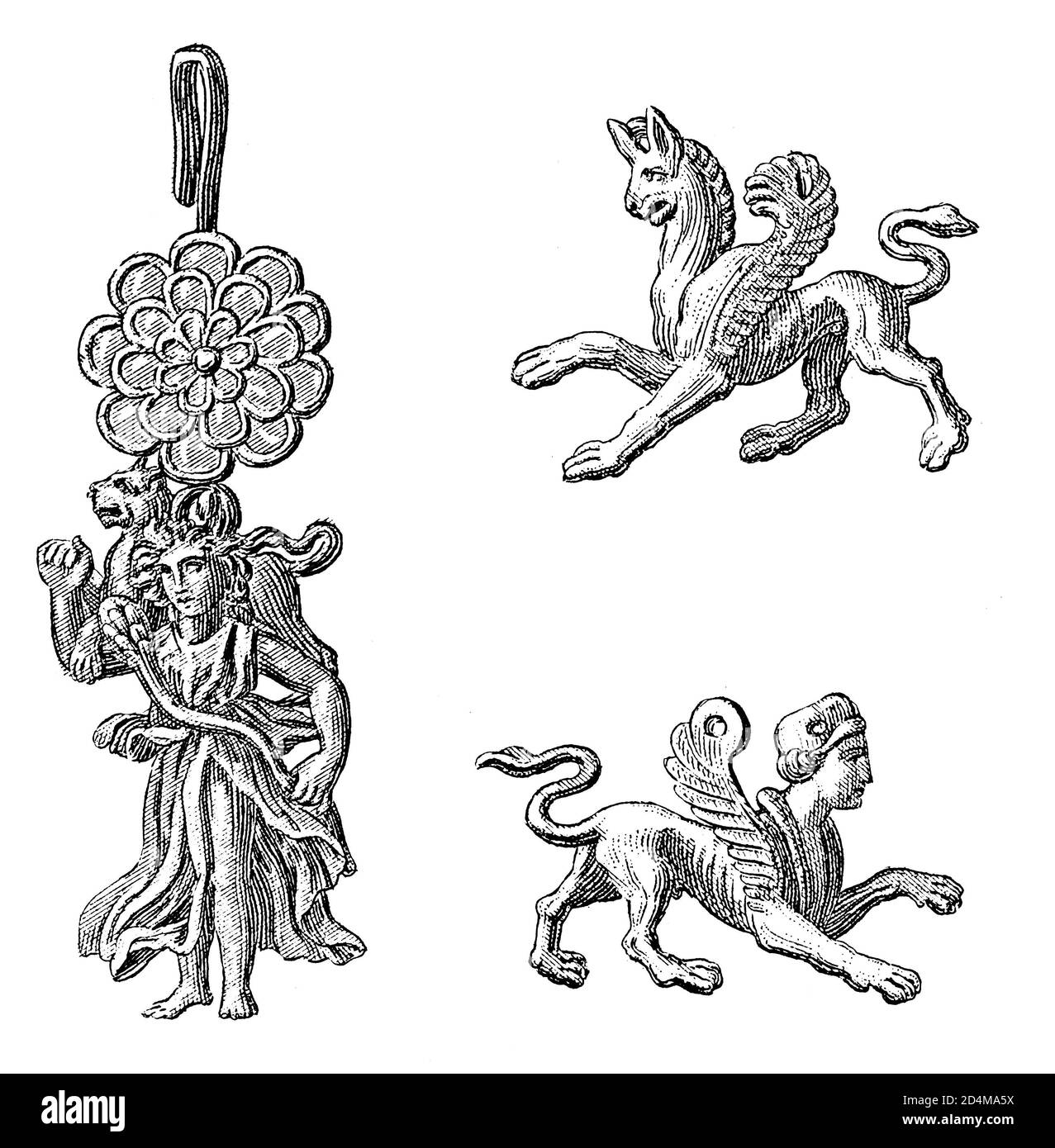 Antike Gravur von antiken griechischen Juwelen. Veröffentlicht in Systematischer Bilder-Atlas zum Conversations-Lexikon, Ikonographische Enzyklopädie der Wisse Stockfoto