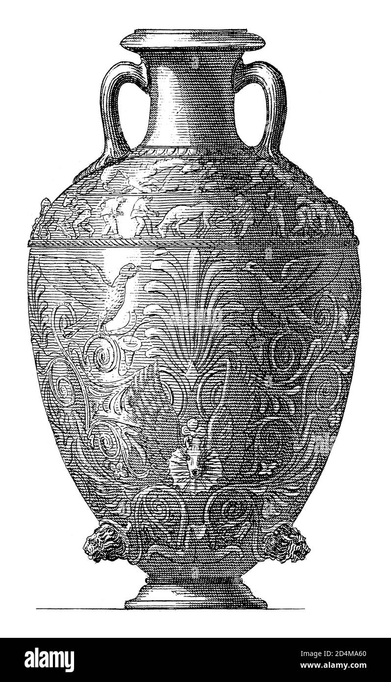 Illustration einer antiken griechischen Metallvase aus dem 19. Jahrhundert. Veröffentlicht in Systematischer Bilder-Atlas zum Conversations-Lexikon, Ikonographische Encyklop Stockfoto