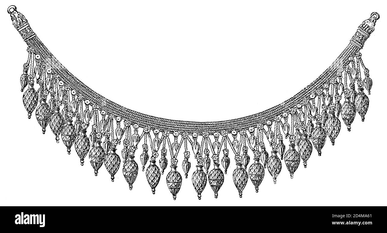 Antike Illustration einer antiken griechischen Halskette aus dem 19. Jahrhundert. Veröffentlicht in Systematischer Bilder-Atlas zum Conversations-Lexikon, Ikonographische en Stockfoto