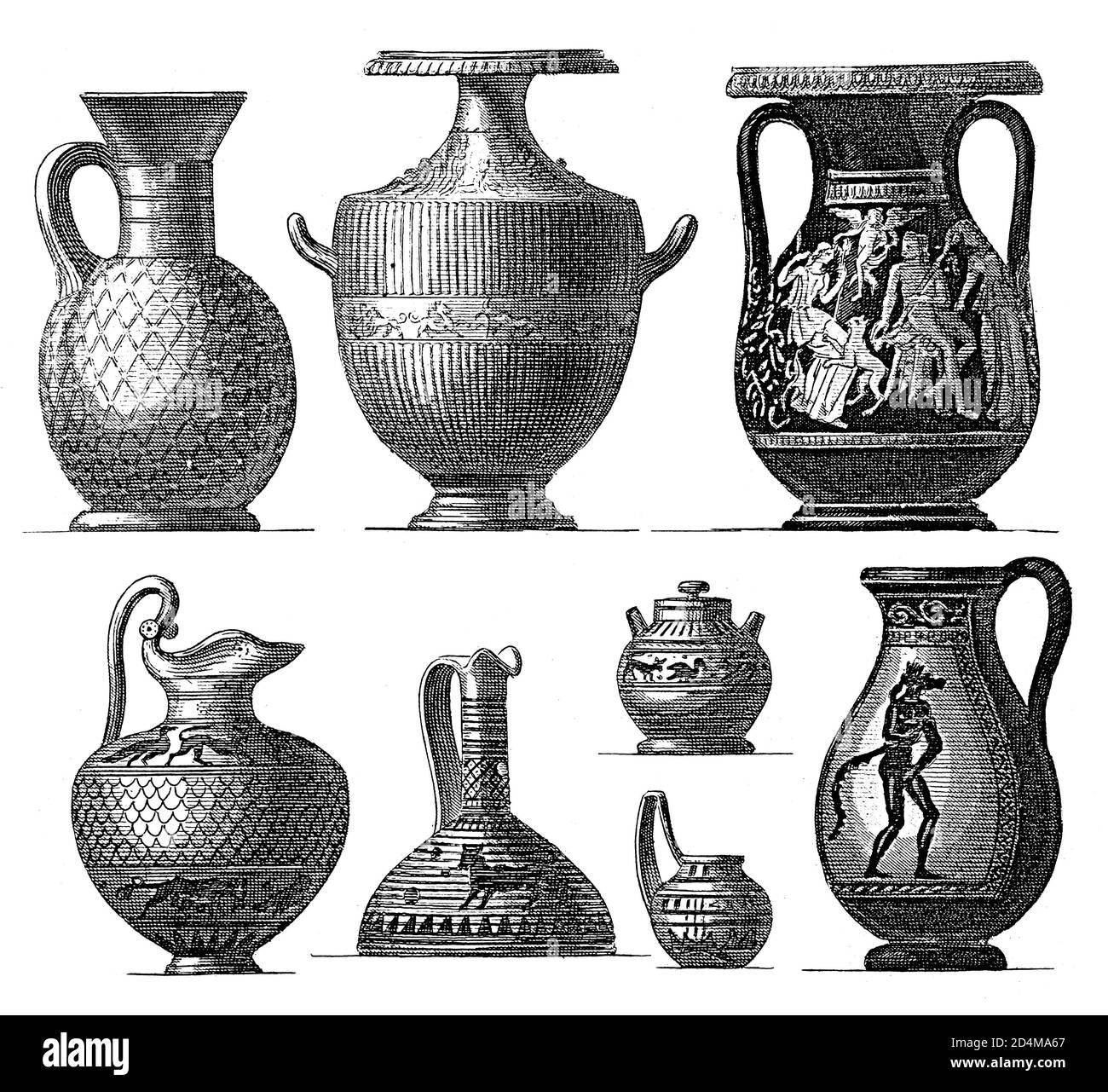 Illustration der antiken griechischen Vasen aus dem 19. Jahrhundert. Veröffentlicht in Systematischer Bilder-Atlas zum Conversations-Lexikon, Ikonographische Encyklopedie de Stockfoto