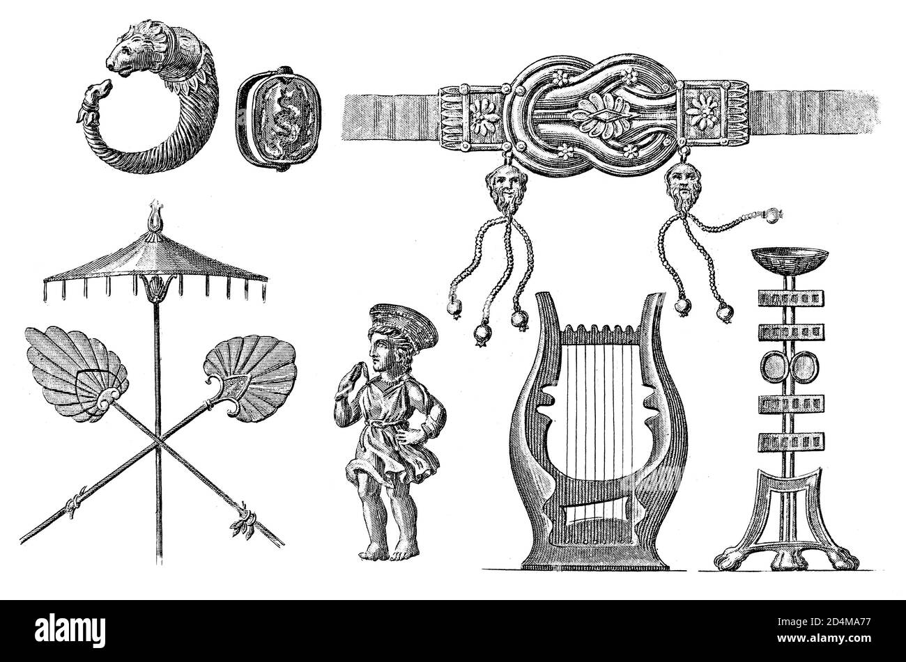 Antike Illustration von Artefakten aus dem antiken Griechenland. Veröffentlicht in Systematischer Bilder-Atlas zum Conversations-Lexikon, Ikonographische Encyklopaed Stockfoto