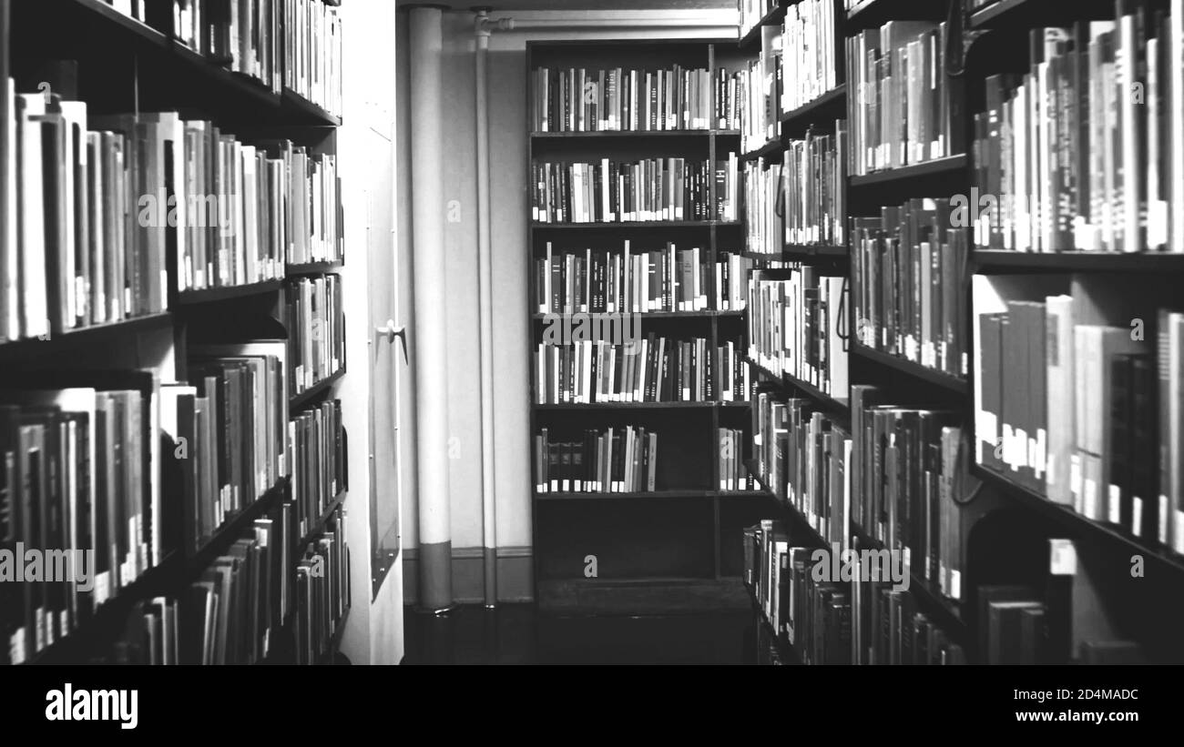Bücher auf Bücherregalen im Hintergrund der öffentlichen Bibliothek. Schulbuch im Bücherregal schönes Konzept. Schwarz und weiß. Stockfoto