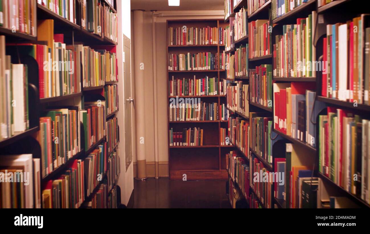 Bücher auf Bücherregalen im öffentlichen Bibliotheksraum verschwommen Hintergrund. Schulbuch im Bücherregal schönes Konzept. Stockfoto