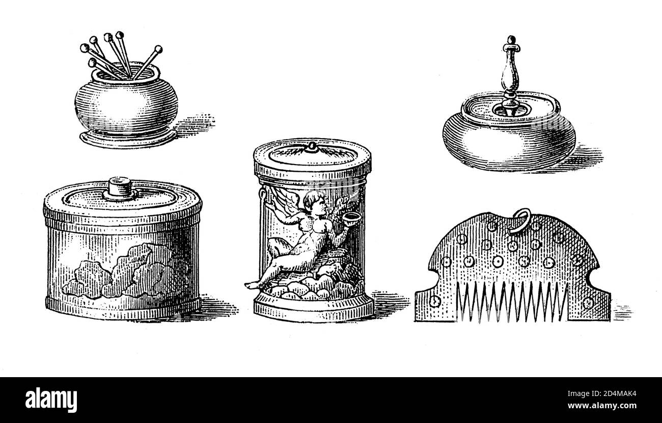 Antike Gravur von römischen Artefakten. Veröffentlicht in Systematischer Bilder-Atlas zum Conversations-Lexikon, Ikonographische Encyklopedie der Wissensscha Stockfoto