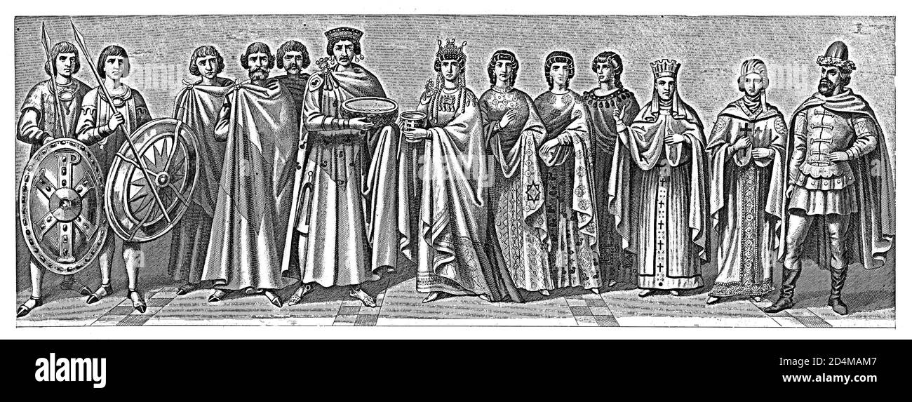 Illustration byzantinischer und osteuropäischer Kostüme aus dem 19. Jahrhundert. Von links nach rechts: 1,2,3 - Kaiser Justinian I. mit Gefolge, 4,5 - Kaiserin Stockfoto