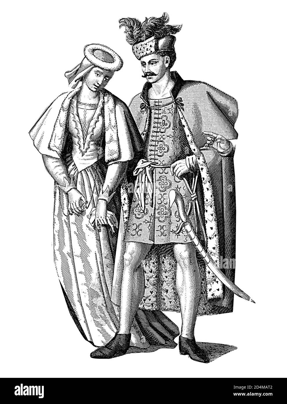 Stich der ungarischen Kostüme aus dem XV und XVI Jahrhundert. Von links nach rechts: 1,2 - Deutsche Bürger; 3 - Spanische Herrenkostüme; 4 - Französisch Stockfoto