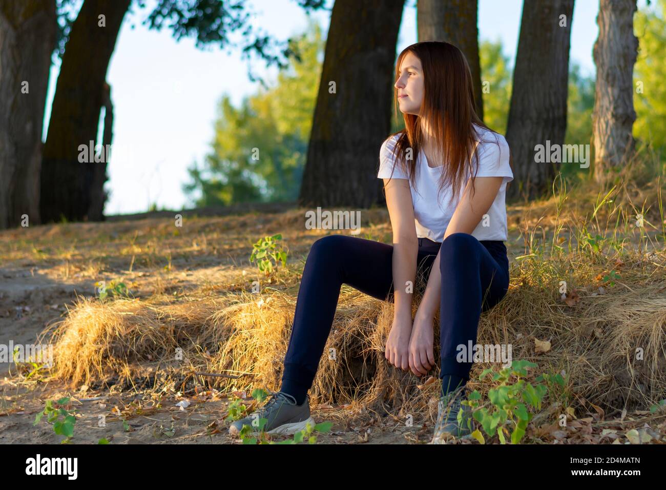 Junge Frau mit dunklen langen Haaren sitzt im Herbst in einem Park. Stockfoto