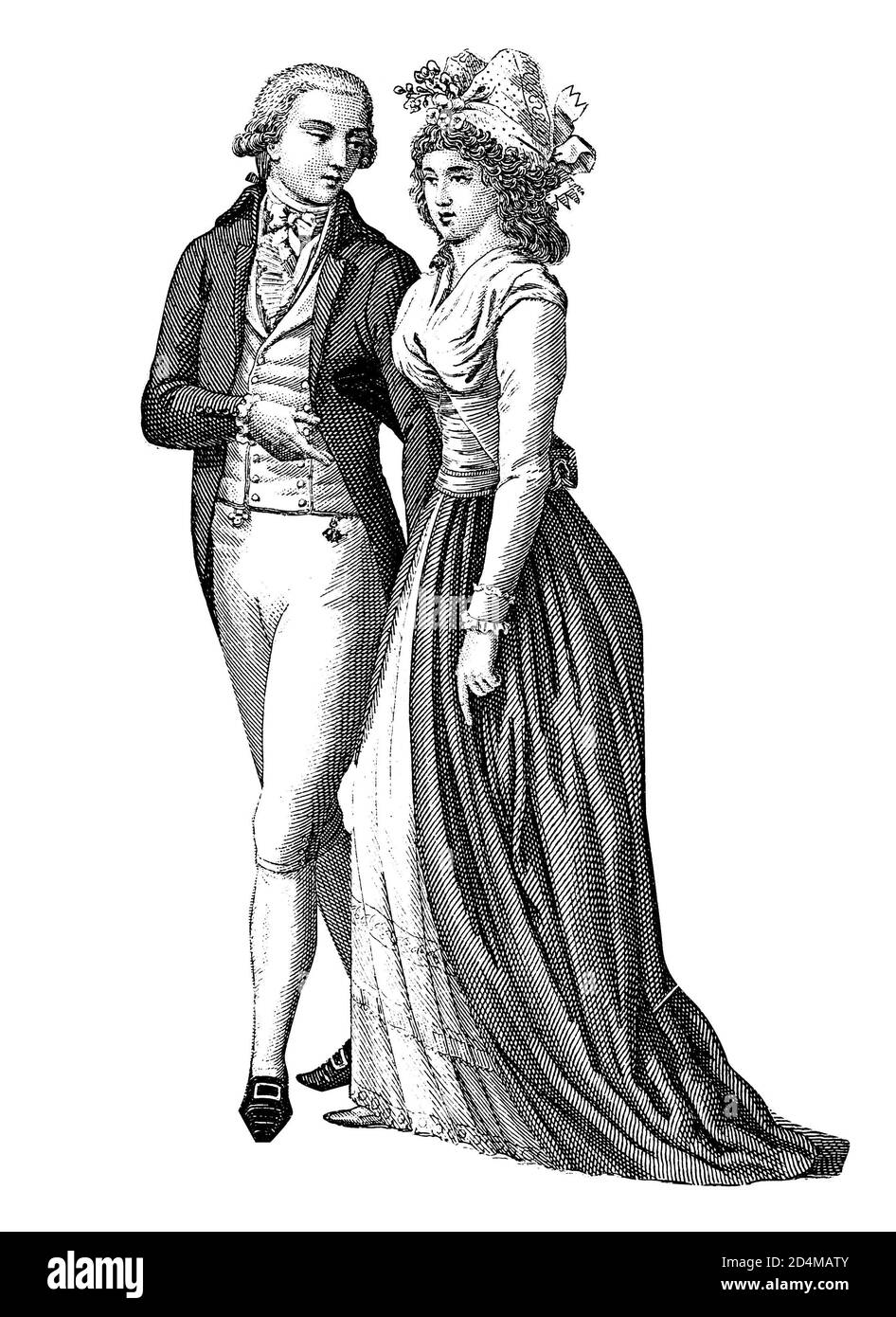Antike Gravur von westeuropäischen Kostümen aus dem 18. Jahrhundert - Französische Revolution. Illustration veröffentlicht im Systematischen Bilder-Atlas zu Stockfoto