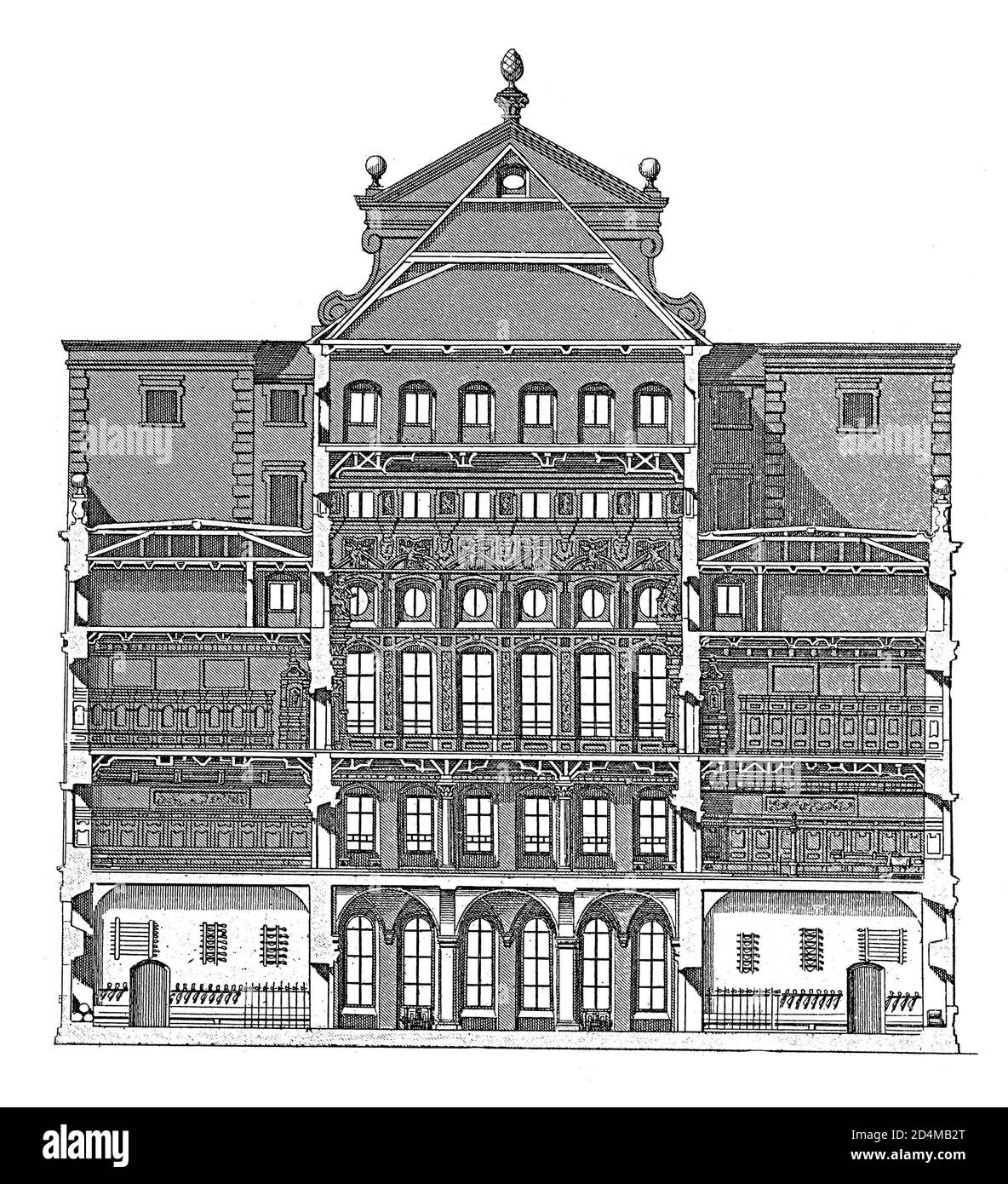 Antike Illustration des Augsburger Rathauses. Veröffentlicht in Systematischer Bilder-Atlas zum Conversations-Lexikon, Ikonographische Encyklopedie d Stockfoto