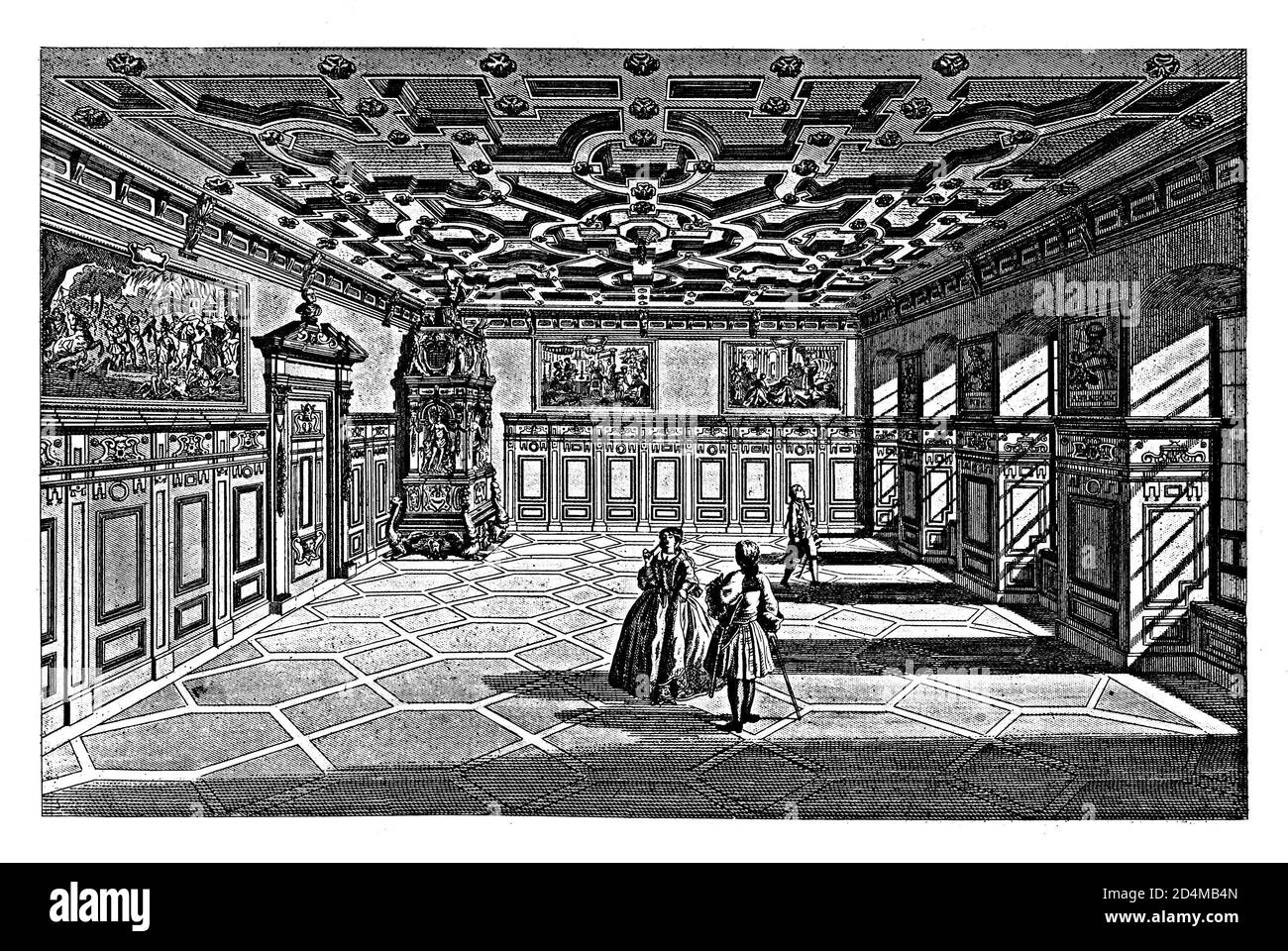 Antike Illustration eines Raumes im Augsburger Rathaus aus dem 19. Jahrhundert. Veröffentlicht in Systematischer Bilder-Atlas zum Conversations-Lexikon, Ikonogra Stockfoto