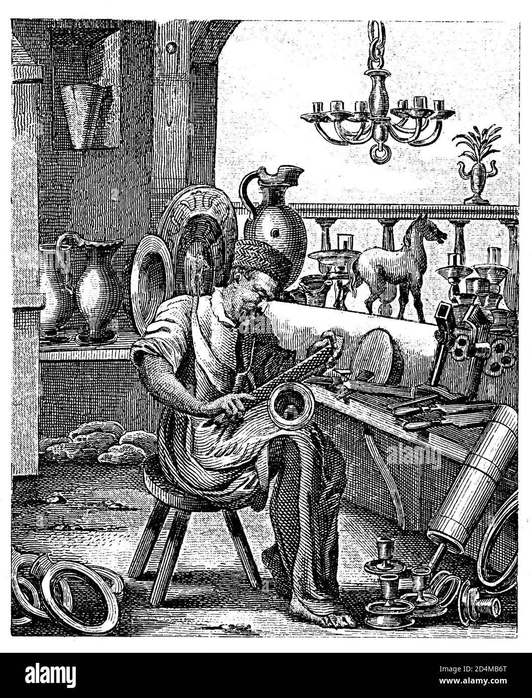 Antike Gravur eines Handwerkers im XVI Jahrhundert. Veröffentlicht in Systematischer Bilder-Atlas zum Conversations-Lexikon, Ikonographische Enzyklopädie der Stockfoto