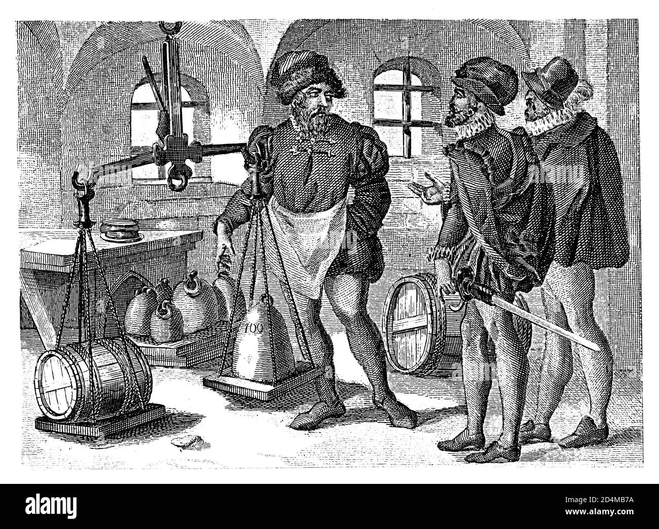 Antike Illustration eines Kaufmanns aus dem 19. Jahrhundert. Veröffentlicht in Systematischer Bilder-Atlas zum Conversations-Lexikon, Ikonographische en Stockfoto