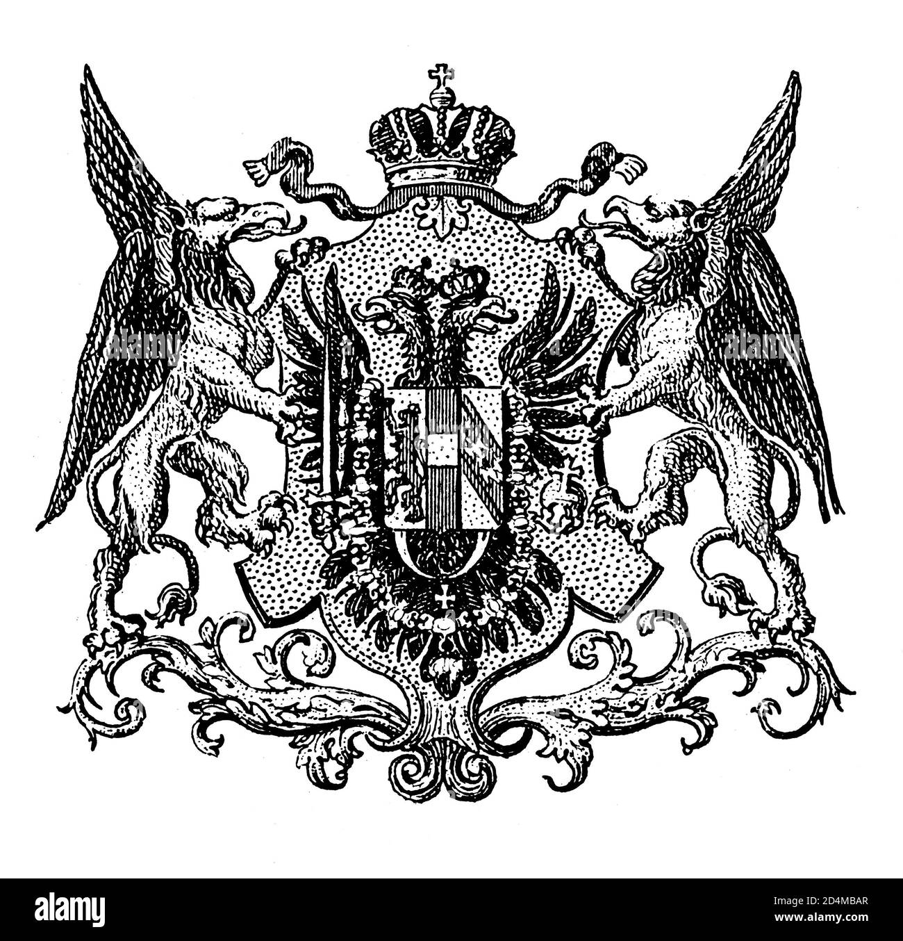 Österreichisches Wappen Stich aus dem 19. Jahrhundert. Veröffentlicht in Systematischer Bilder-Atlas zum Conversations-Lexikon, Ikonographische Enzyklopädie der Wi Stockfoto