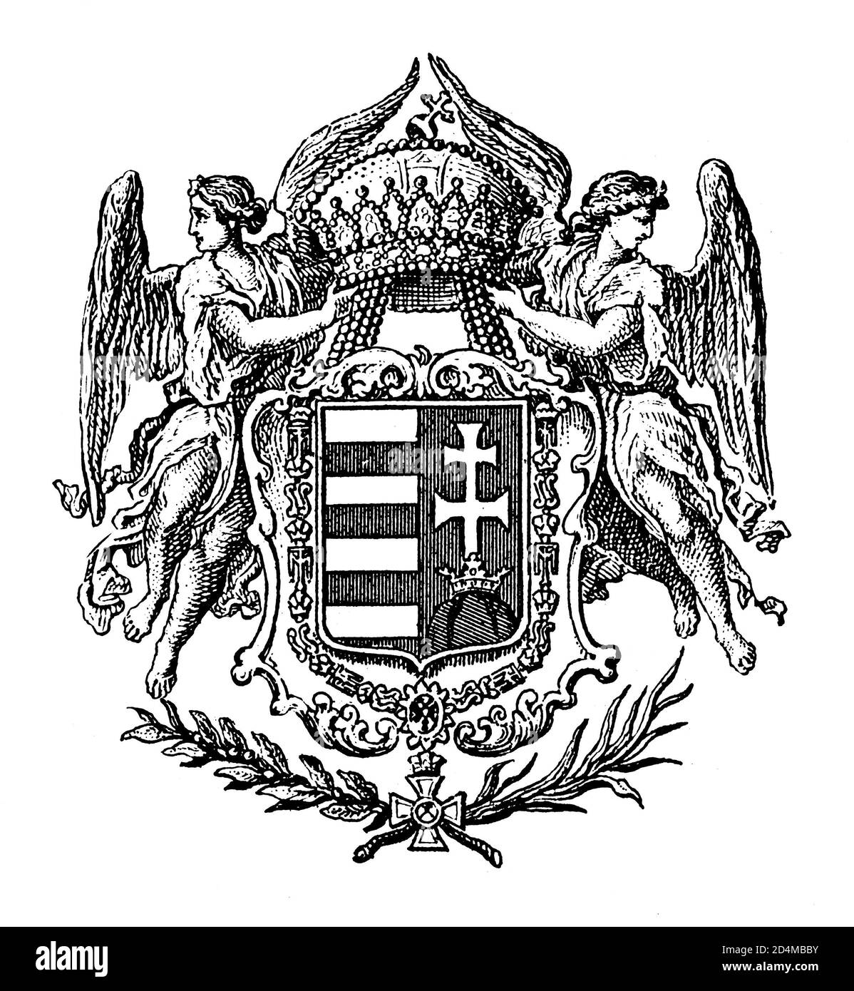 Stich des ungarischen Wappens aus dem 19. Jahrhundert. Veröffentlicht in Systematischer Bilder-Atlas zum Conversations-Lexikon, Ikonographische Encyklopedie d Stockfoto