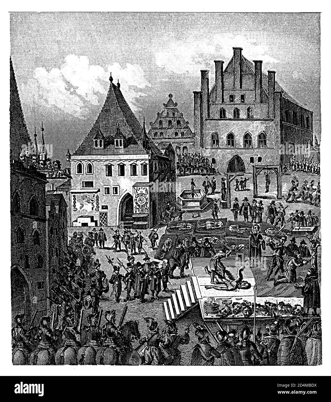 Stich der Rebellen auf dem Altstädter Ring in Prag im XVII. Jahrhundert (21.06.1621). Veröffentlicht in Systematischer Bilder-Atlas zu Stockfoto