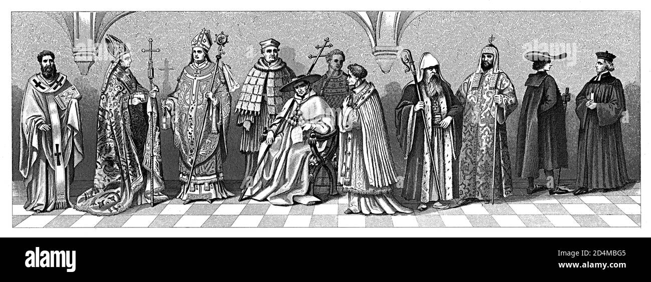 19. Jahrhundert Illustration von religiösen Gewändern. Von links nach rechts: 1 - Priester des Byzantinischen Reiches, 2 - Bischof in Cope, 3 - Bischof, 4 - Provost, Stockfoto