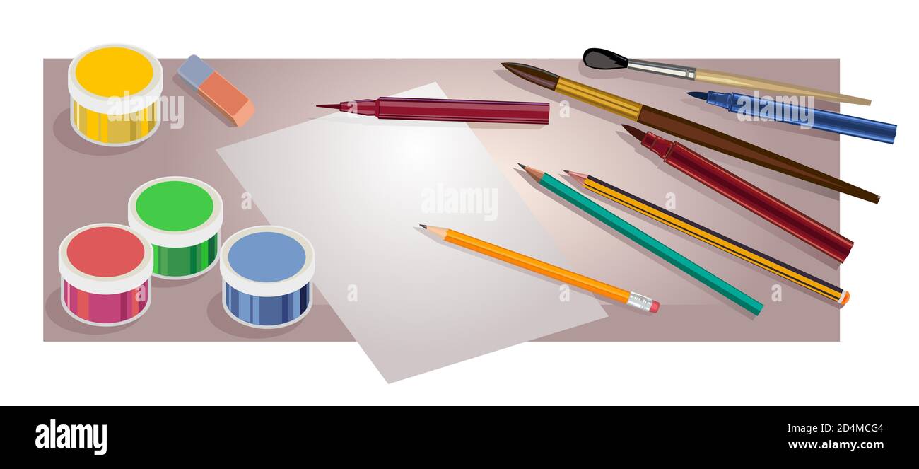 Pinsel, Bleistifte und Farben auf dem Schreibtisch des Künstlers. Stockfoto