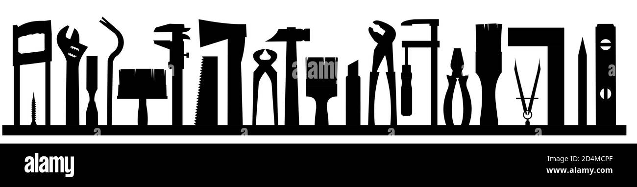 Werkzeuge Silhouette Hintergrund Vektor. Isoliert auf Weiß. Instrumente des Zimmermanns, Tischlers, Schlossermeisters, Handwerkers. Miete, Verkauf. Stockfoto
