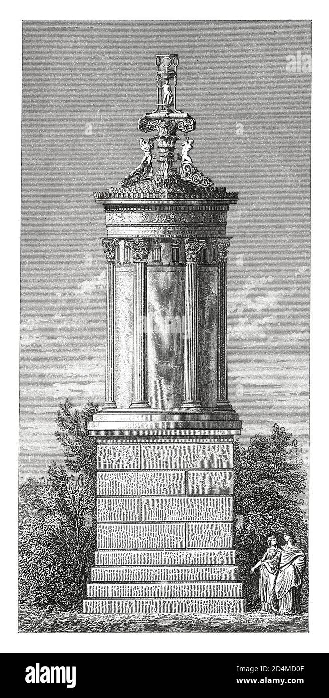 Stich des choragischen Denkmals von Lysicrates in Athen aus dem 19. Jahrhundert. Veröffentlicht in Systematischer Bilder-Atlas zum Conversations-Lexikon, Ikonograp Stockfoto