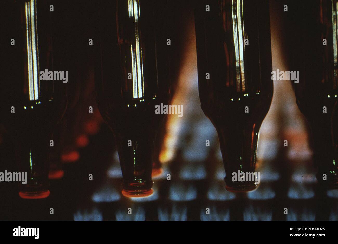 Recycelte Bierflaschen werden vor der endgültigen Verpackung wärmebehandelt. Ein Teil eines neuen Glas-Recycling-Prozesses für Coors Brewery bei Columbine Glass Company - Standort: In oder in der Nähe von Westminster; Colorado Ca. 1972 Stockfoto