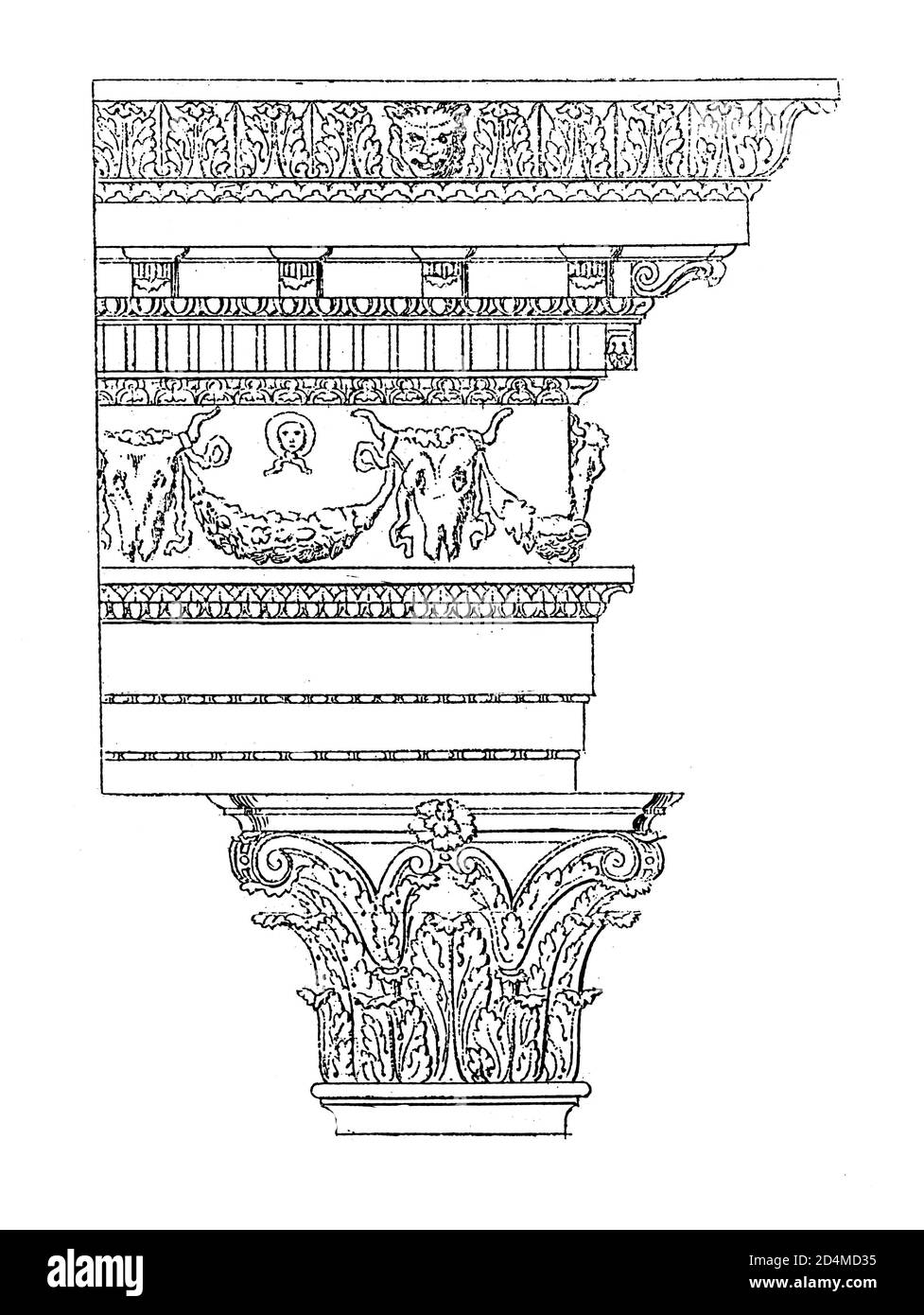 Antiker Stich der Entablatur aus dem 19. Jahrhundert aus einem Tempel in Baalbek. Veröffentlicht in Systematischer Bilder-Atlas zum Conversations-Lexikon, Ikonograph Stockfoto