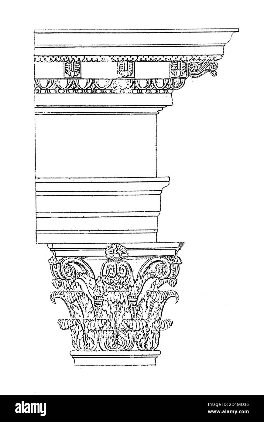 Antike Illustration der Entablatur aus dem 19. Jahrhundert aus dem Pantheon in Rom. Veröffentlicht in Systematischer Bilder-Atlas zum Conversations-Lexikon, Ikonog Stockfoto