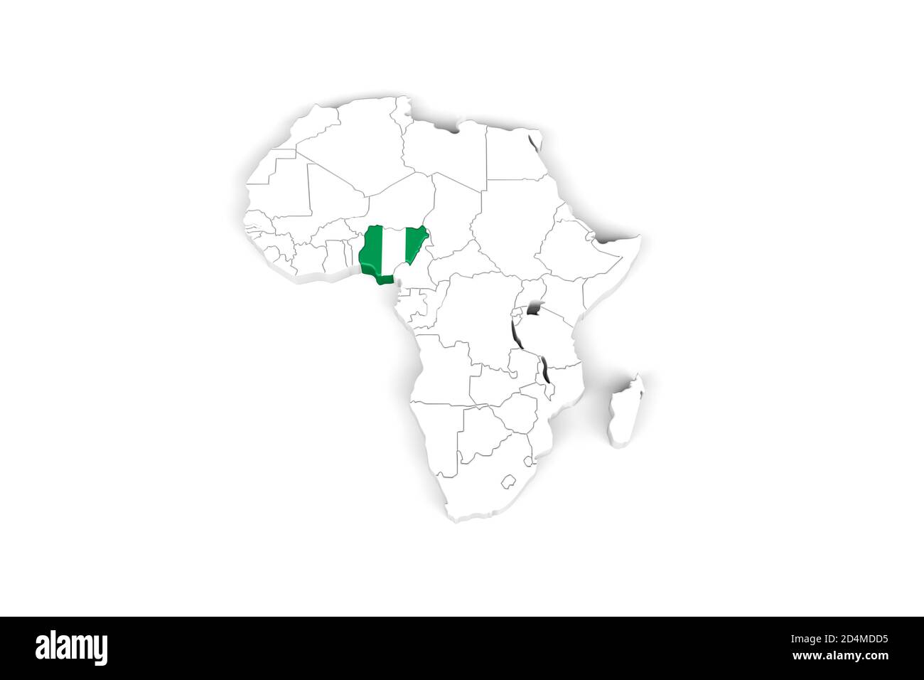 Afrika 3d Karte mit markierten Grenzen - Nigeria Gebiet markiert Mit Nigeria Flagge - isoliert auf weißem Hintergrund - 3D Abbildung Stockfoto