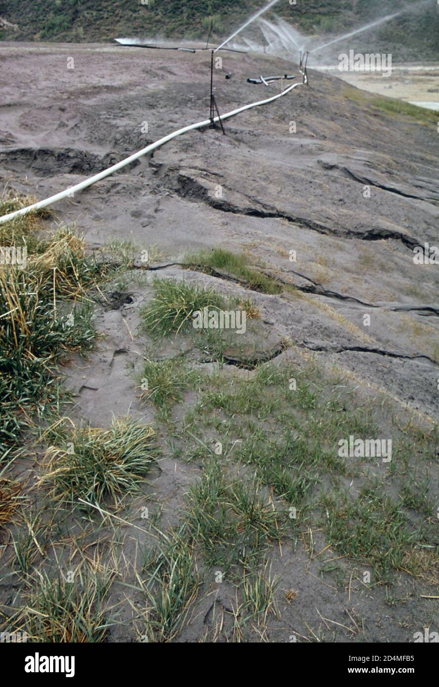 Bewässerung von neu gesät Boden auf Abraumhalden Haufen; Union Carbide Uranmühle - Ort: In oder in der Nähe Rifle; Colorado Ca. 1972 Stockfoto