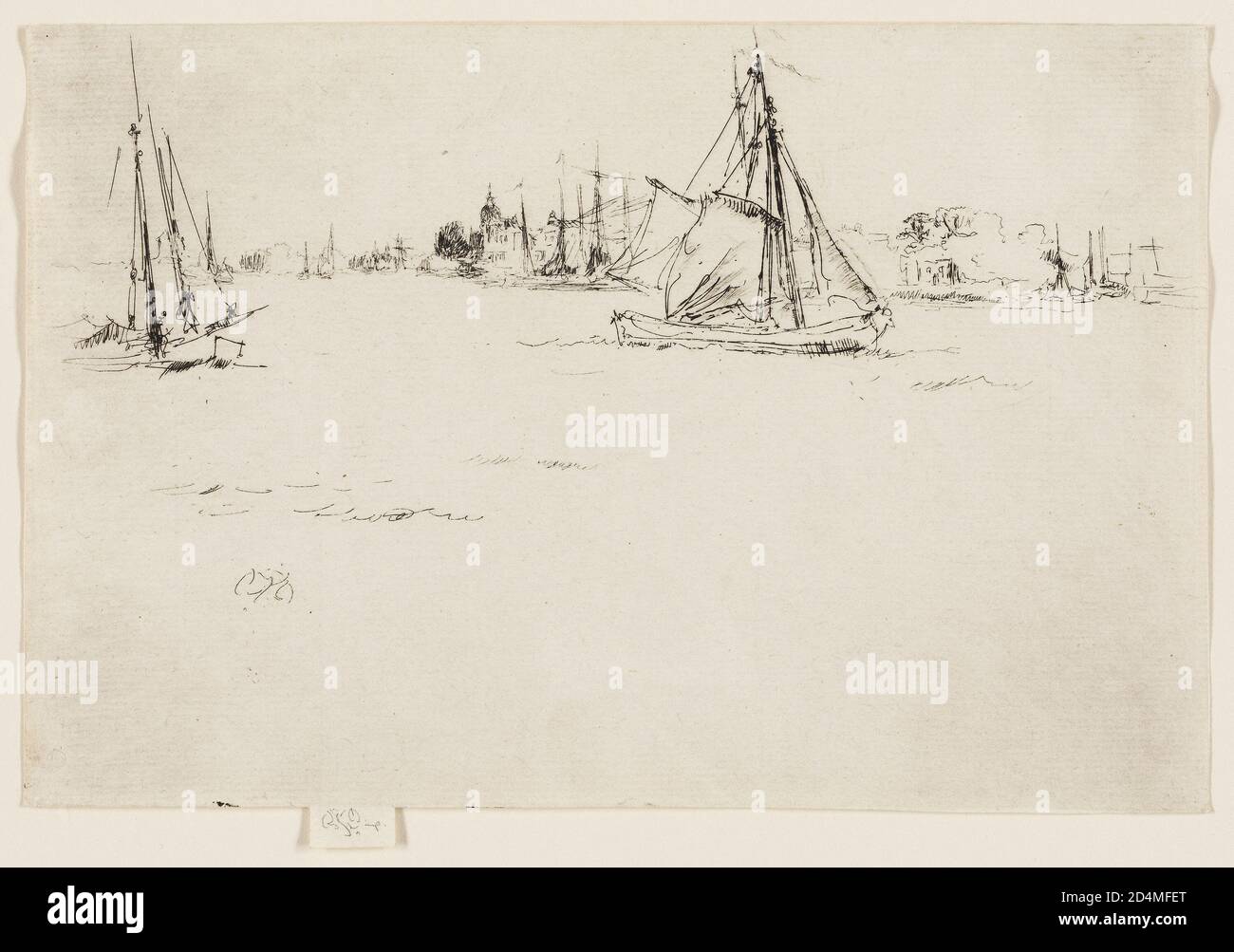 Radierung mit Trockenpunkt in schwarzer Tinte auf cremefarbenem Papier Stockfoto