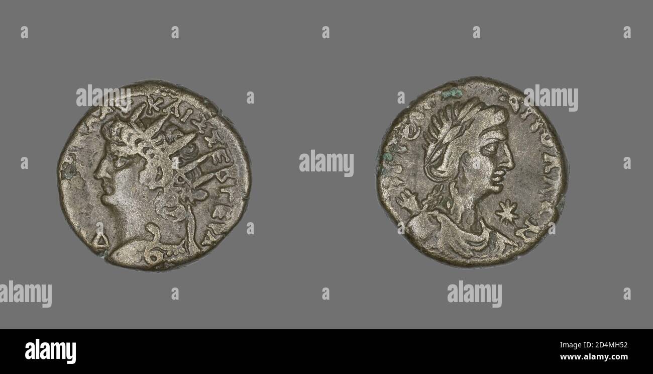 Die Vorderseite (Vorderseite) dieser Münze zeigt eine Büste von Kaiser Nero mit einem Kuirass (Militärmantel) nach links. Das Datum, an dem diese Münze geprägt wurde, ist in der Inschrift angegeben '' LI âˆ† '' (nur der letzte Buchstabe ist in diesem Beispiel sichtbar), was bedeutet, das vierzehnte Jahr von Neroâ €™s Herrschaft oder 67-68 CE. Nero regierte als Kaiser von 54-68 u.Z. Stockfoto