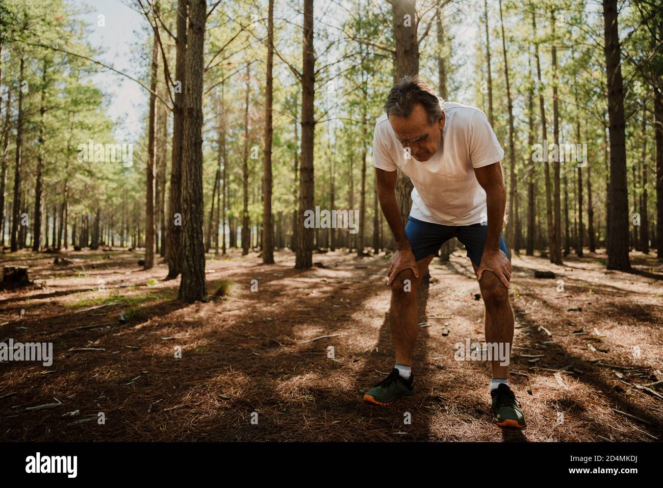 Fit ältere männliche müde Beugung über mit Händen auf Knien in grünen Wald. Stockfoto