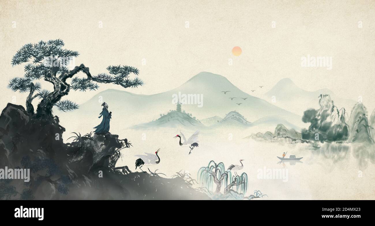 Eine ferne künstlerische Konzeption der Zen-Tinte-Landschaftsmalerei Stockfoto