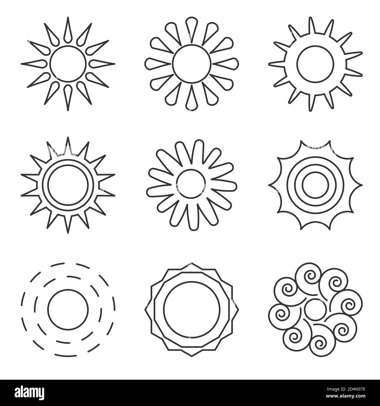 Schwarz umrandet Sonnensymbole gesetzt. Verschiedene Formen leeren einfache Solarelemente. Design Logo Sonnenlicht Morgen, Wetter, Frühling. Rundes Piktogramm sonnige Energie für Web oder App. Isolierte Vektordarstellung Stock Vektor