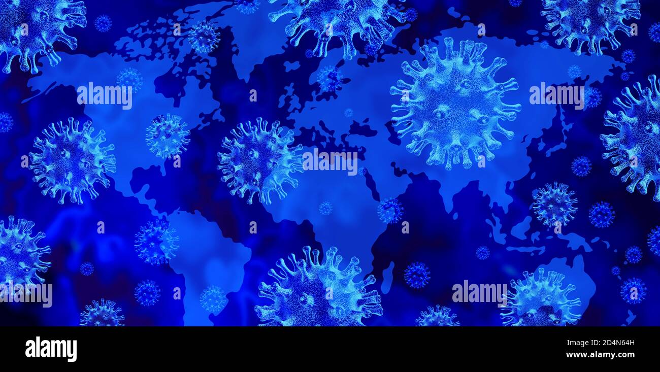 Globaler Coronavirus-Ausbruch und Covid-19 Influenza Hintergrund als gefährliche Grippesteimfälle als Pandemie medizinisches Gesundheitsrisiko Konzept. Stockfoto