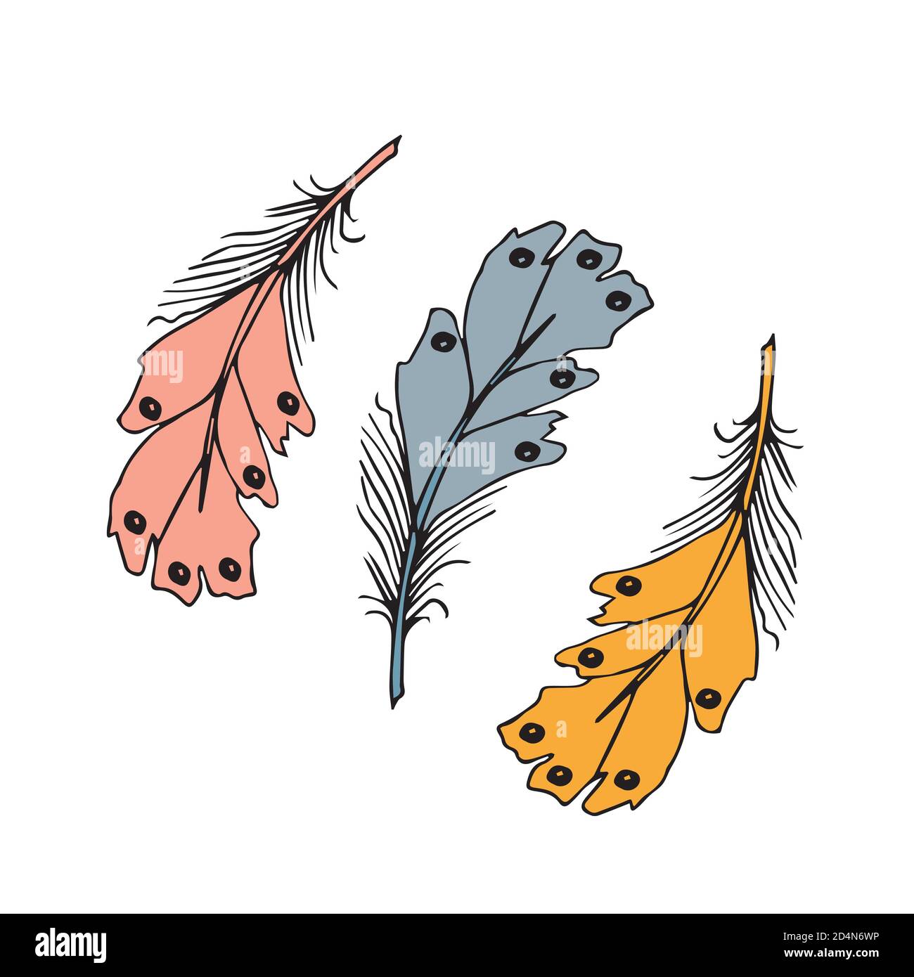 Bunte detaillierte Vogelfedern. Hand bearbeitbaren Elemente gezeichnet, realistischen Stil, Vector Illustration. Stock Vektor