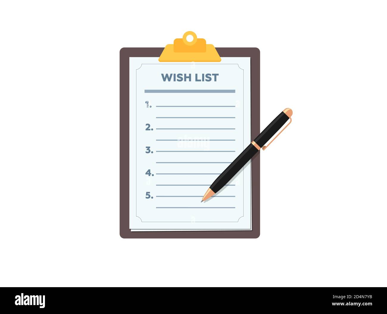 Zwischenablage mit leerer Wunschliste und Stift. Wunschliste Form Papier flach eps Vektor Illustration Zeichen Stock Vektor