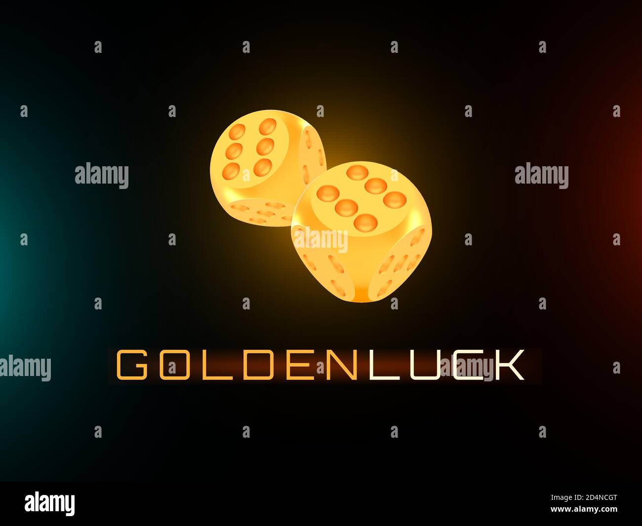 Golden Luck Konzept, glänzend realistisch metallisch zwei rollende Würfel Stock Vektor