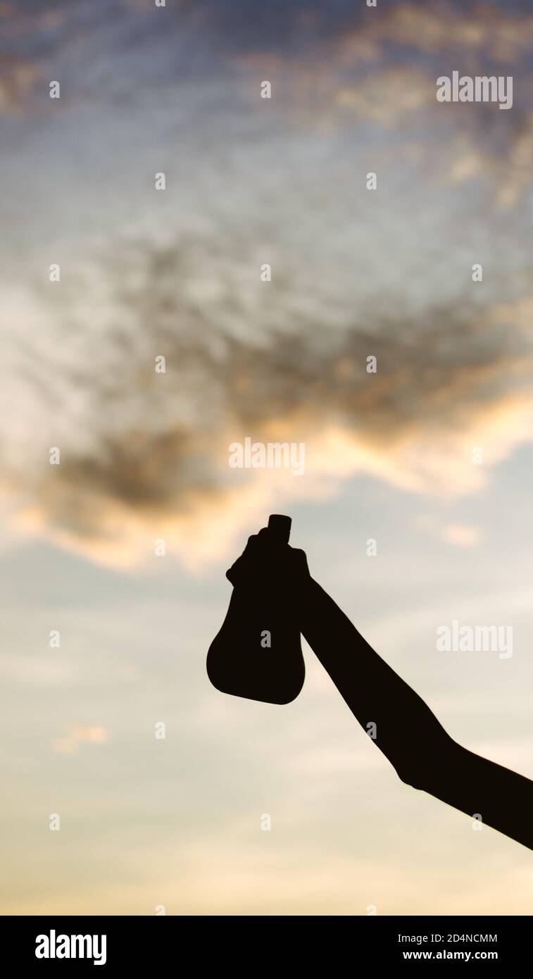 Silhouette eines Mannes, der eine Alkoholflasche gegen die Wolke hält Himmel bei Sonnenuntergang Stockfoto