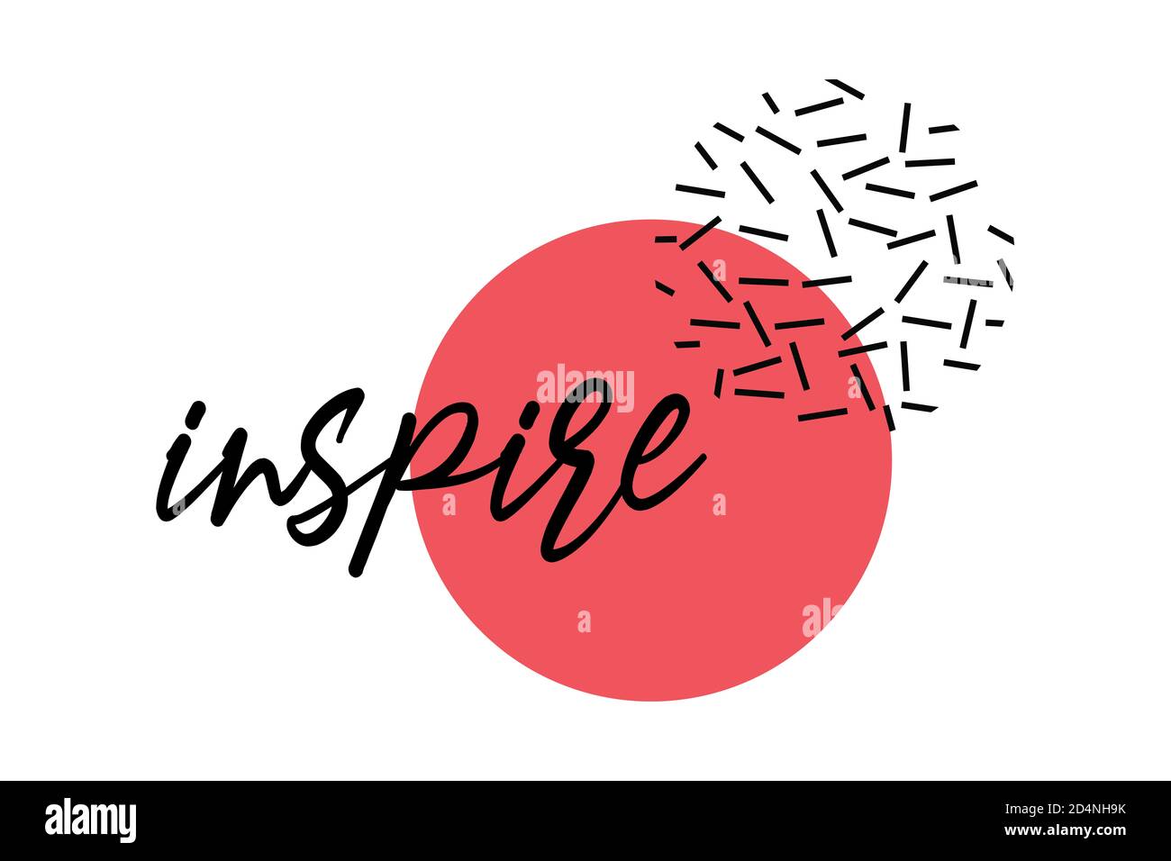 Modernes, kreatives Grafikdesign eines Wortes 'inspire'. Spielerische, witzige geometrische Formen mit handschriftlicher Typografie in rot und schwarz. Stockfoto