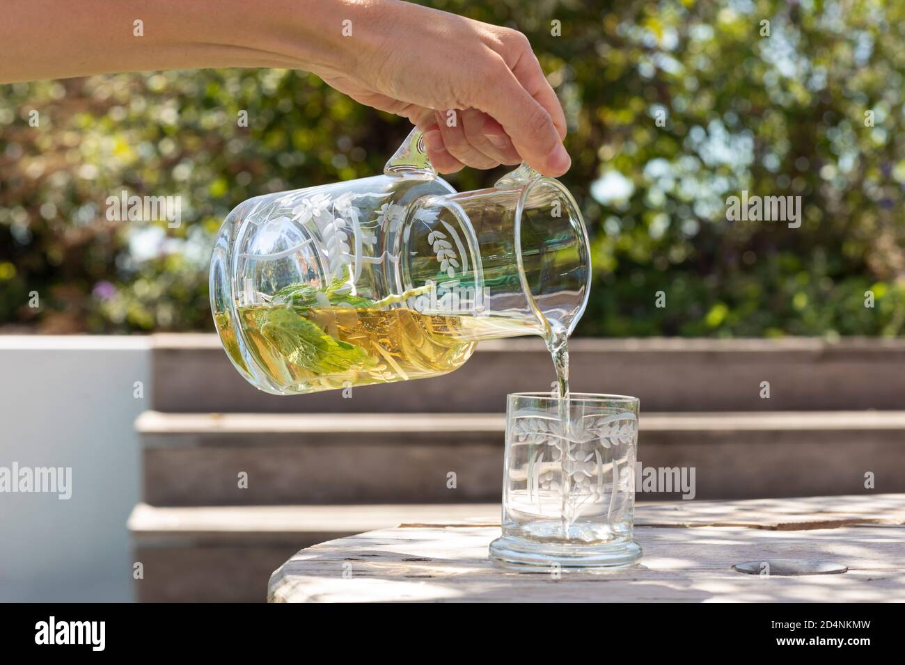 Eine weibliche Hand hält eine geätzte Glaskaraffe Gießen gesund Hausgemachter Saft mit Minzblättern in ein Glas draußen in Eine natürliche Umgebung auf einem sonnigen Stockfoto