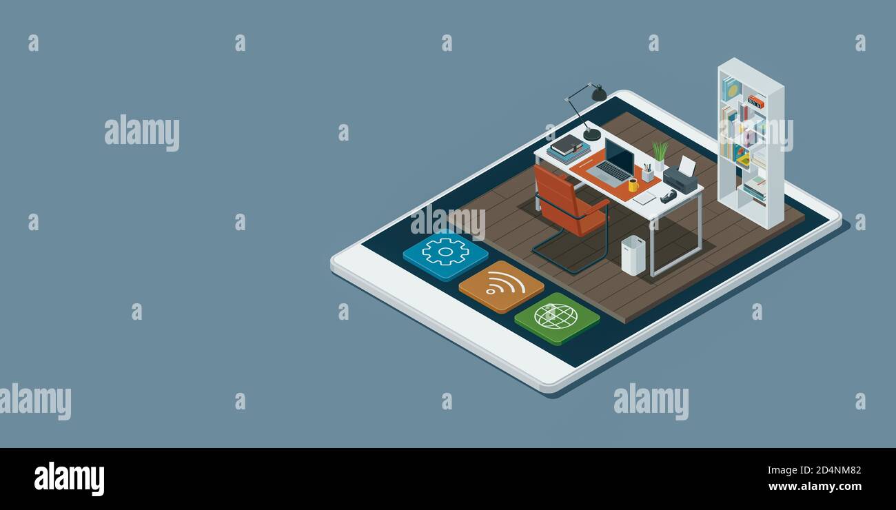 Miniatur-Business-Office auf einem Smartphone-Display, Arbeitsplatz und Remote-Working-Konzept, isometrische 3D-Illustration Stockfoto