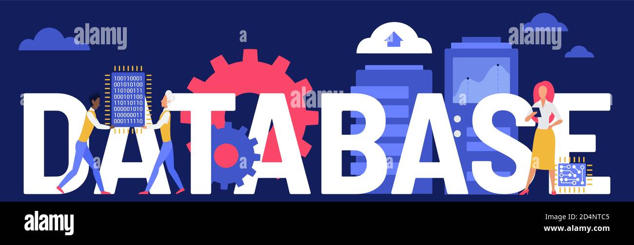 Datenbank kreative Konzept Vektor Illustration. Cartoon Wohnung Entwickler Team von Menschen stehen neben Datenbank Wort, Programmierer Programmierer Teamwork auf Daten Forschung Entwicklung, moderne Technologie Hintergrund Stock Vektor