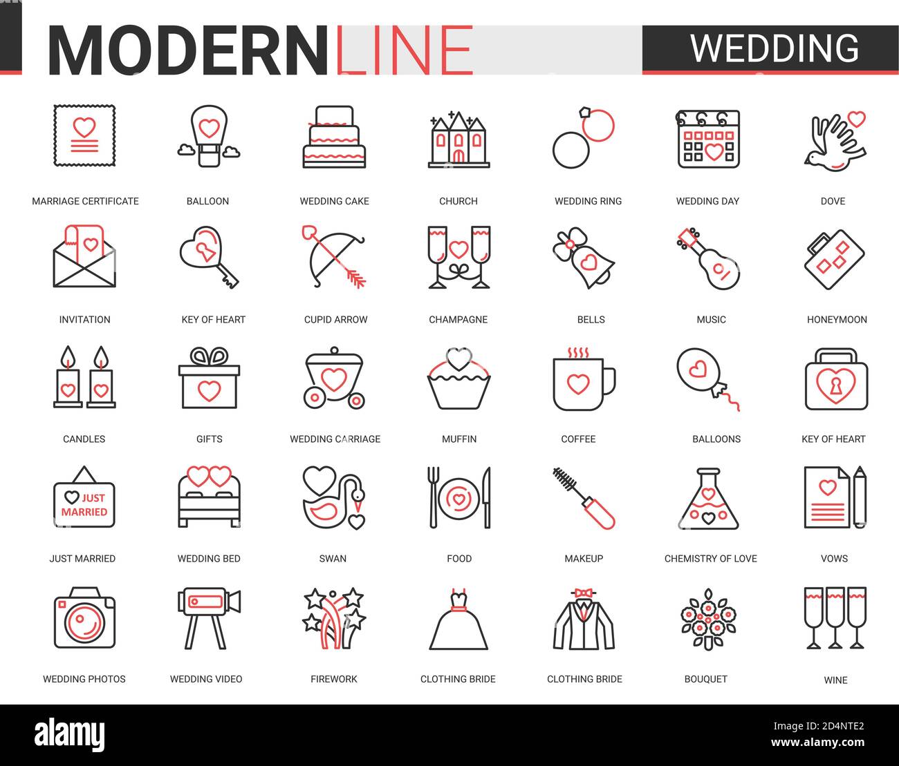 Hochzeit dünne rote schwarze Linie Symbol Vektor Illustration Set. Skizzieren Symbole für Hochzeitszeremonie und Brautparty Organisation, lineare Sammlung von Braut Kleidung, Schmuck Ringe, Kuchen Ballon Blumen Stock Vektor