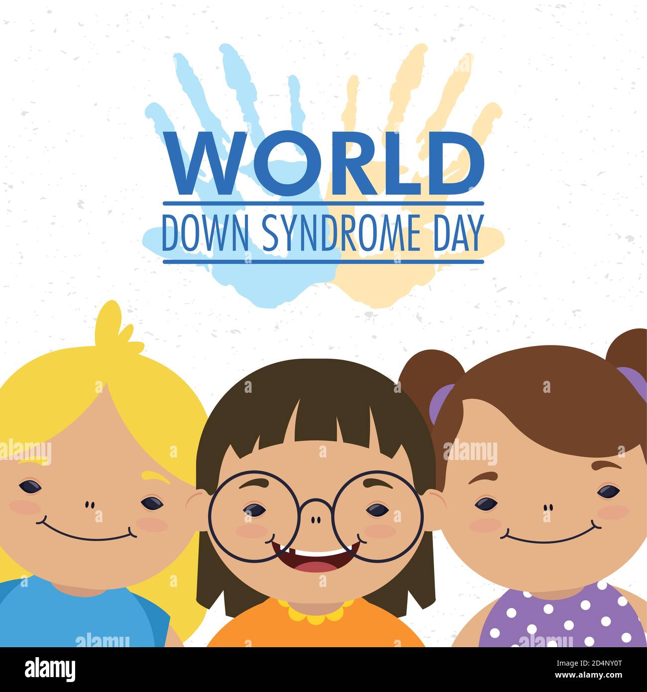 World Down Syndrom Tag Schriftzug mit Händen drucken Farbe und Mädchen Gruppe Vektor Illustration Design Stock Vektor