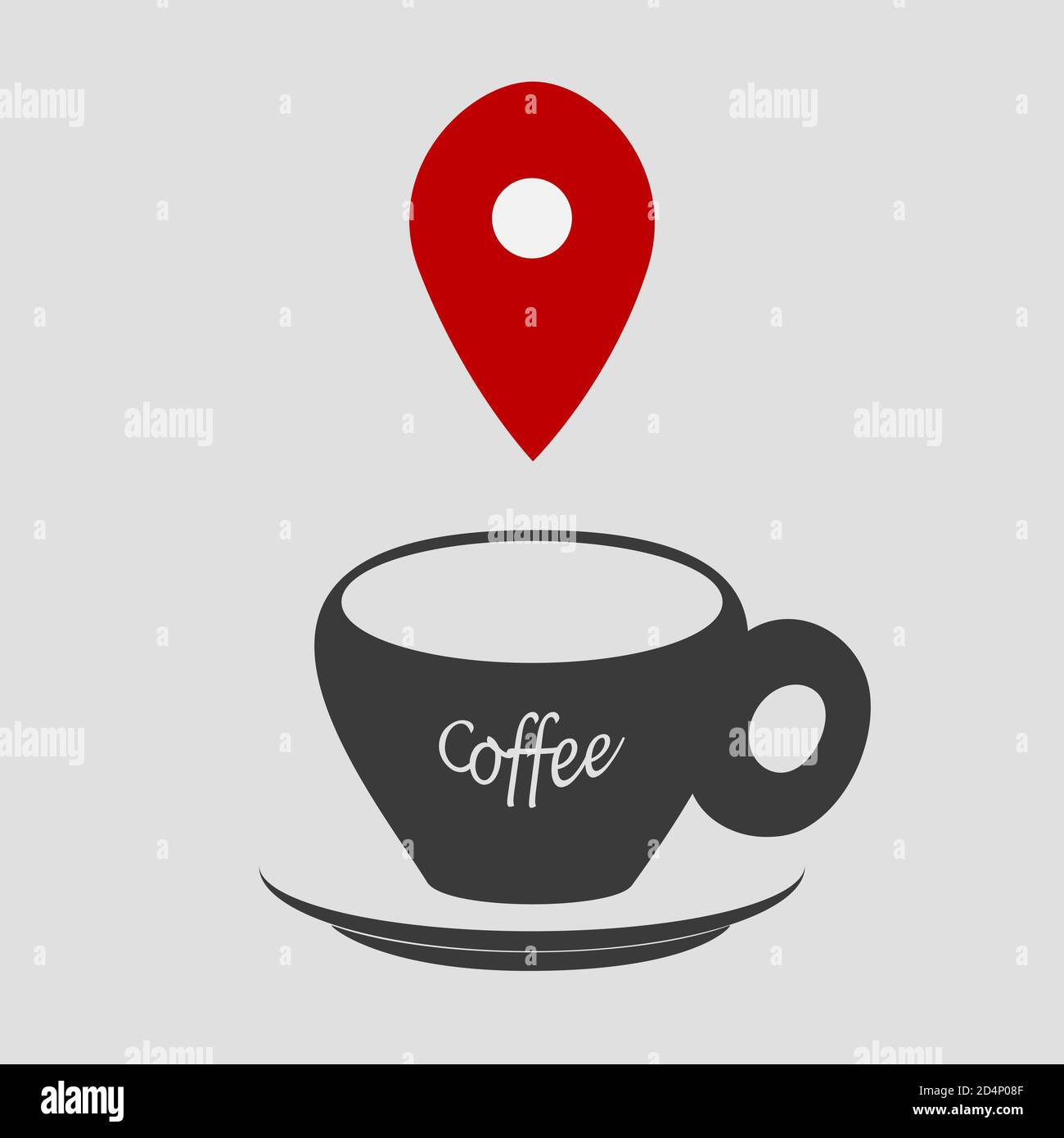 Set von Symbolen Kaffeetasse und Geo-Position Marke in schwarz, grau, rot Farben. Stock Vektor