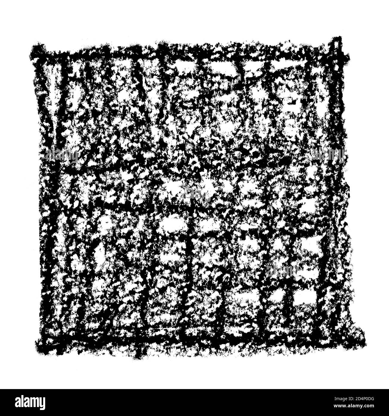 Schwarzes Öl Pastell Quadrat von Kratzern isoliert auf dem weißen Hintergrund. Crayon Doodle Hintergrund. Handgezeichnete Textur Stockfoto