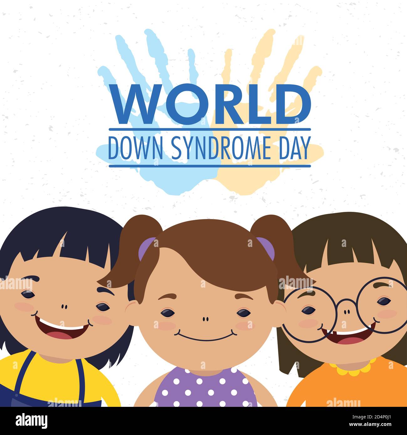 World Down Syndrom Tag Schriftzug mit Händen drucken Farbe und Mädchen Vektor Illustration Design Stock Vektor