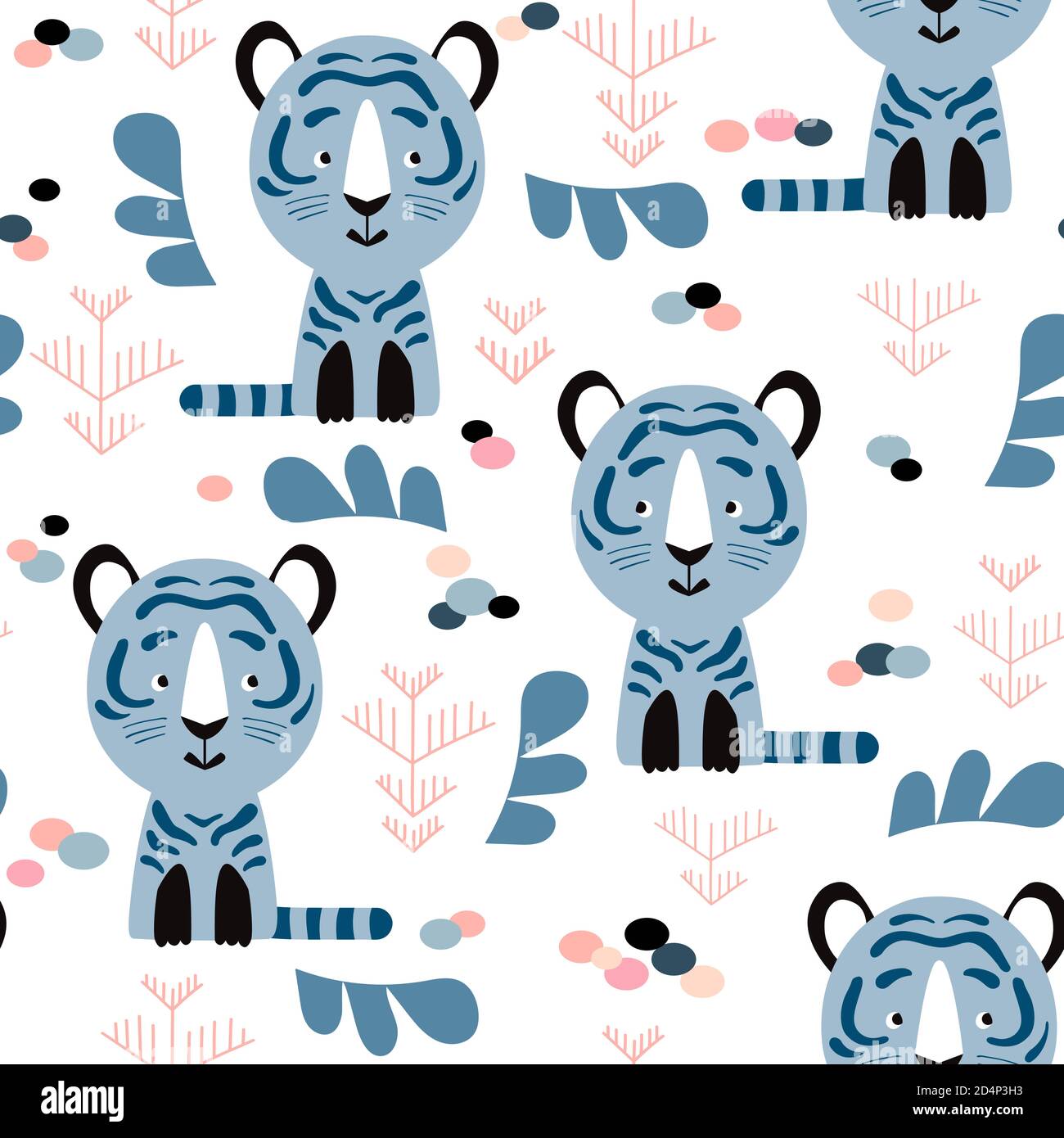 Kindisch nahtloses Muster mit handgezeichneten Tigern und Savannenelementen. Kreative Kinder für Stoff, Verpackung, Textil, Tapete, Kleidung. Vektorillust Stock Vektor