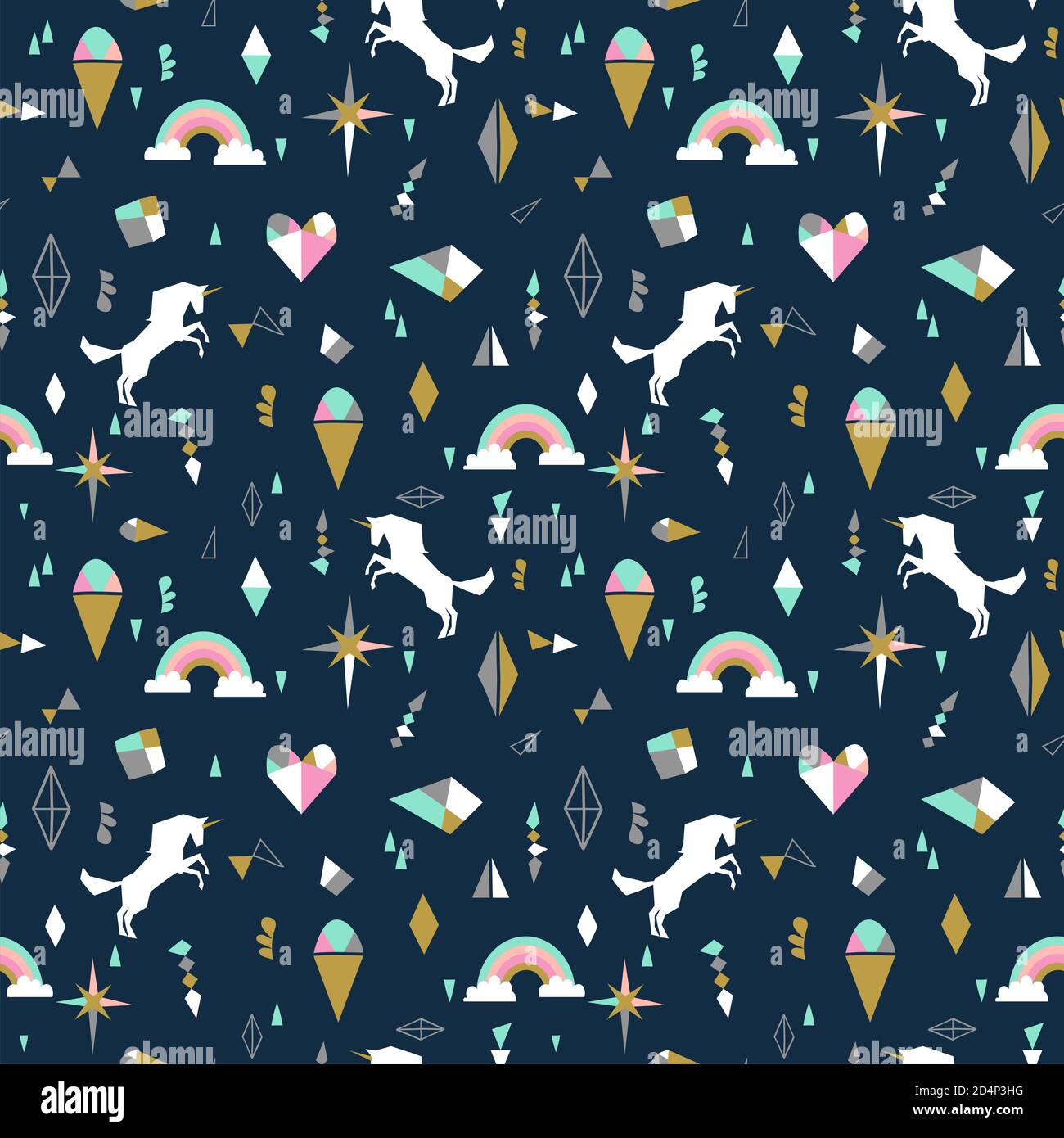 Nahtloses Muster mit Einhörnern, Wolken, Sternen, Diamant, Eis. Vektorgrafik Hintergrund Stock Vektor